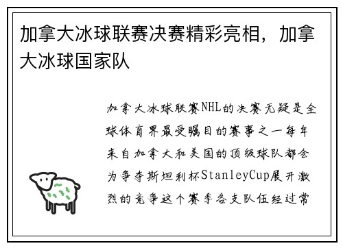 加拿大冰球联赛决赛精彩亮相，加拿大冰球国家队