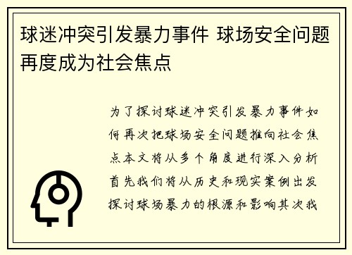 球迷冲突引发暴力事件 球场安全问题再度成为社会焦点