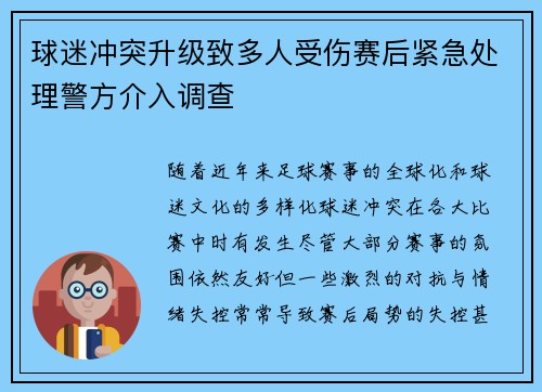 球迷冲突升级致多人受伤赛后紧急处理警方介入调查