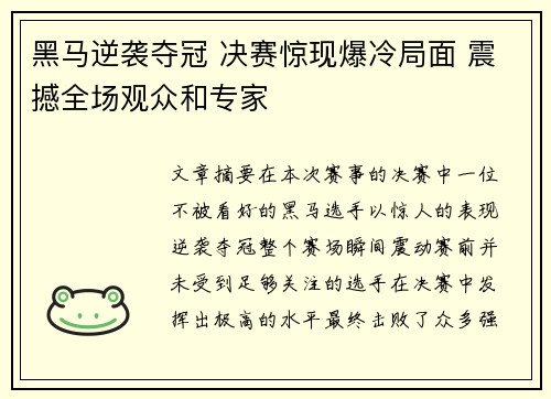 黑马逆袭夺冠 决赛惊现爆冷局面 震撼全场观众和专家