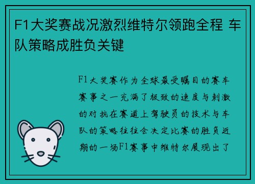 F1大奖赛战况激烈维特尔领跑全程 车队策略成胜负关键