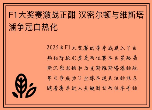 F1大奖赛激战正酣 汉密尔顿与维斯塔潘争冠白热化
